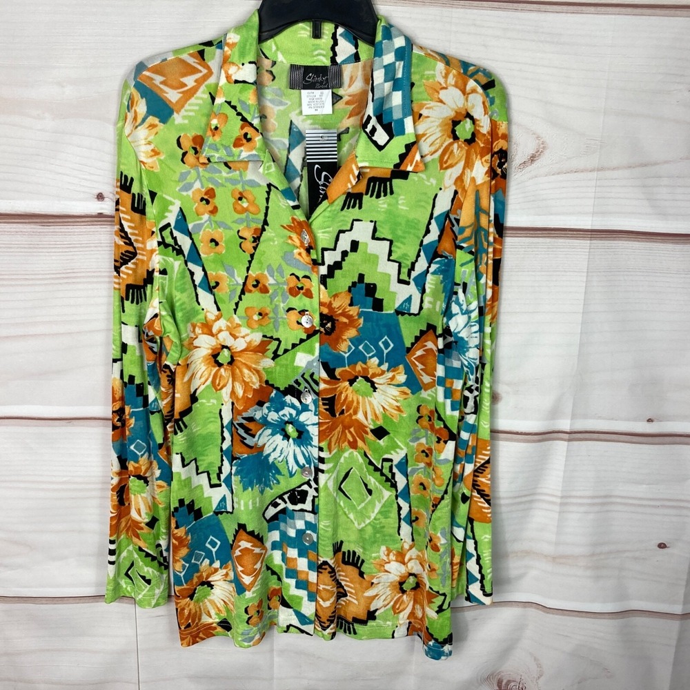Slinky Brand Top Womens M Green Floral Button Up Shirt Tunic Long Sleeve Collar‎